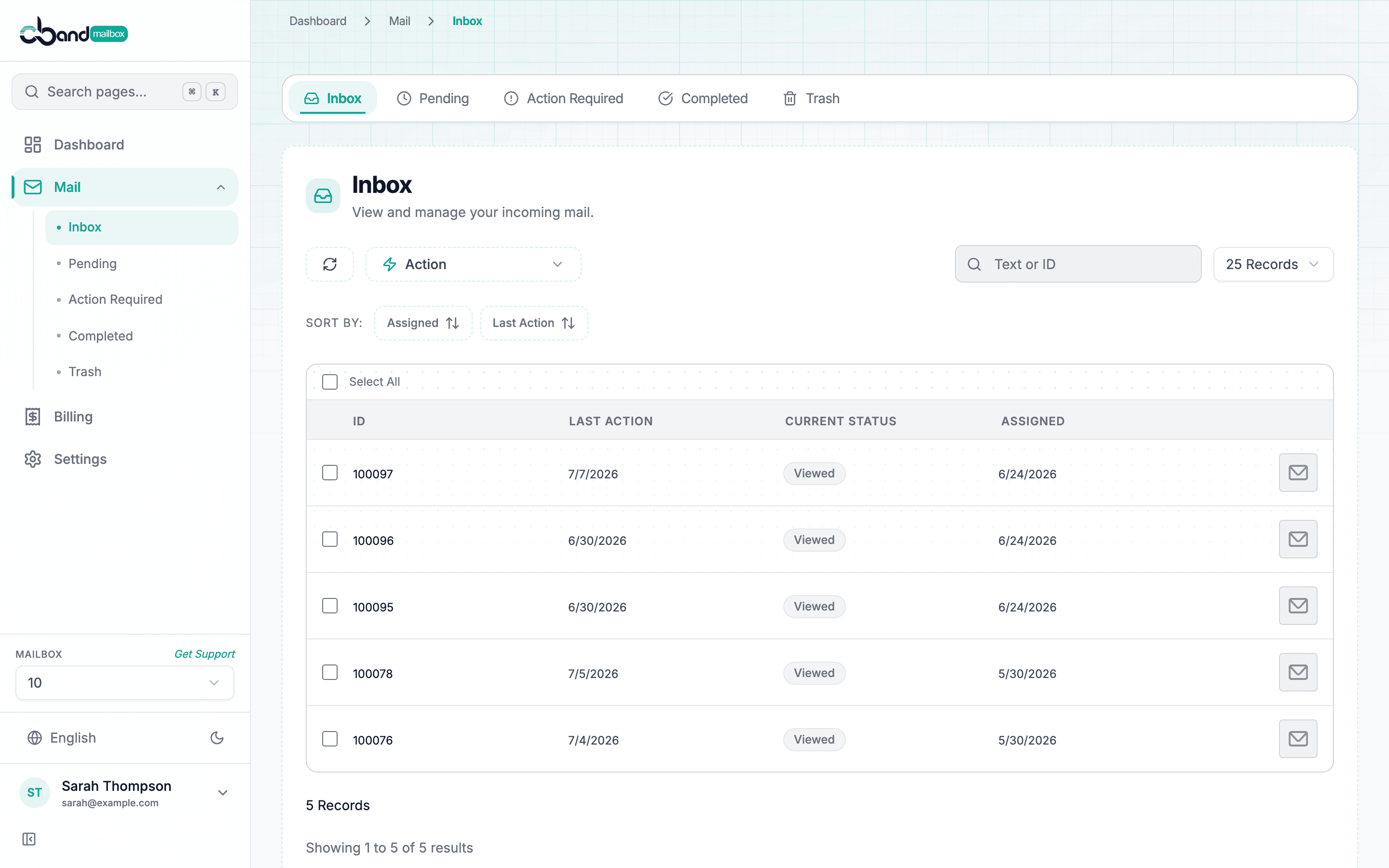 C-Band Mailbox renter dashboard showing the mail inbox with scanned items